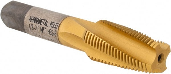 Kennametal - 1/8-27 NPT, 15° Helix, 4 Flutes, 2-1/2 - 3-1/2 Chamfer, TiN Finish, High Speed Steel, Spiral Flute Pipe Tap - Right Hand Flute, 5/16" Shank Diam, 3/4" Thread Length, 0.3120" Projection, Series T854 - Exact Tooling