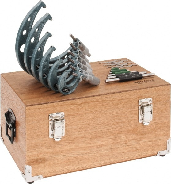 Mitutoyo - 0 to 6 " Range, 11 Piece Mechanical Outside Micrometer Set - 0.0001" Graduation, 0.00010, 0.00015" Accuracy, Ratchet-Friction Thimble, Carbide Face - Exact Tooling