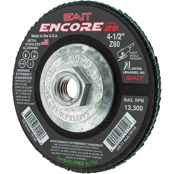 Sait - 80 Grit, 4-1/2" Disc Diam, 5/8-11 Center Hole, Type 29 Zirconia Alumina Flap Disc - 13,300 Max RPM, Fiberglass Backing, Arbor Attaching System, Coated - Exact Tooling