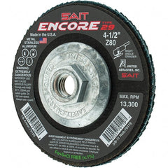 Sait - 80 Grit, 4-1/2" Disc Diam, 5/8-11 Center Hole, Type 29 Zirconia Alumina Flap Disc - 13,300 Max RPM, Fiberglass Backing, Arbor Attaching System, Coated - Exact Tooling