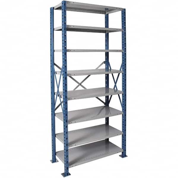 Hallowell - 8 Shelf Starter Extra Heavy-Duty Open Steel Shelving - 900 Lb Capacity, 48" Wide x 87" High x 24" Deep, Blue/Platinum - Exact Tooling
