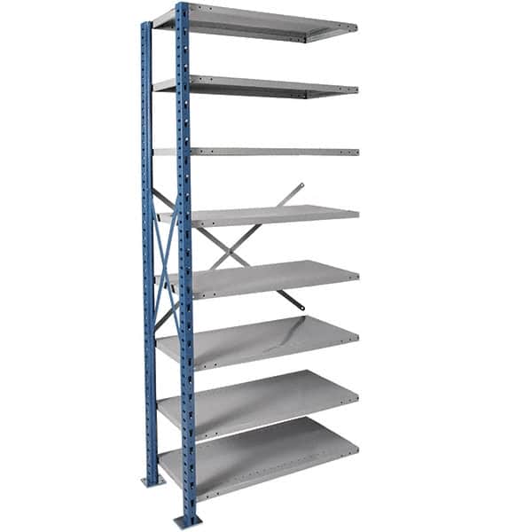 Hallowell - 8 Shelf Add-On Heavy-Duty Open Steel Shelving - 800 Lb Capacity, 36" Wide x 87" High x 24" Deep, Blue/Platinum - Exact Tooling