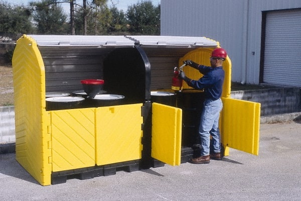 UltraTech - 75 Gal Sump, 9,000 Lb Capacity, 8 Drum, Polyethylene Spill Deck or Pallet - 68" Long x 64" Wide x 88" High, Liftable Fork, Drain Included, Low Profile, 2 x 2 Drum Configuration - Exact Tooling
