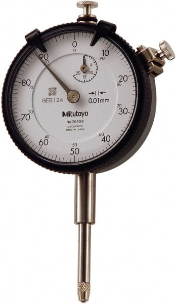 Mitutoyo - 20mm Range, 0-100 Dial Reading, 0.01mm Graduation Dial Drop Indicator - 57mm Dial, 1mm Range per Revolution, 0.004mm Accuracy, Revolution Counter - Exact Tooling