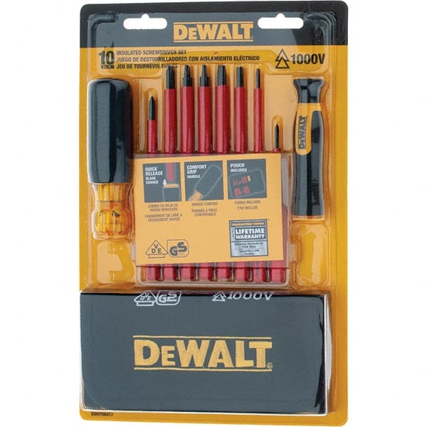 DeWALT - 10 Piece Slotted & Phillips Screwdriver Set - Vinyl Grip Handle, Blade Sizes: Width 3/16, 1/4 & 1/8, Bit Sizes: Philips #0 to #2, Tip Thickness: 1/8, 3/16 & 1/4, Comes in Tool Roll - Exact Tooling