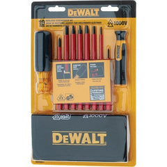 DeWALT - 10 Piece Slotted & Phillips Screwdriver Set - Vinyl Grip Handle, Blade Sizes: Width 3/16, 1/4 & 1/8, Bit Sizes: Philips #0 to #2, Tip Thickness: 1/8, 3/16 & 1/4, Comes in Tool Roll - Exact Tooling