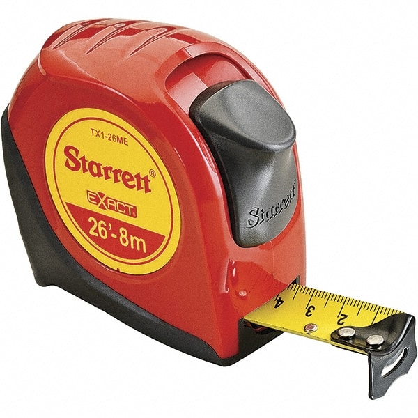 Starrett - 26' x 1" Yellow Blade Tape Measure - 1/16" & 1mm Graduation, S9 Graduation Style, Red Case - Exact Tooling