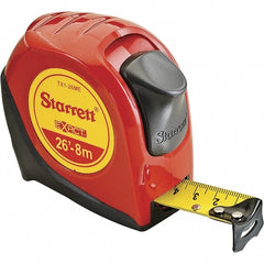 Starrett - 26' x 1" Yellow Blade Tape Measure - 1/16" & 1mm Graduation, S9 Graduation Style, Red Case - Exact Tooling