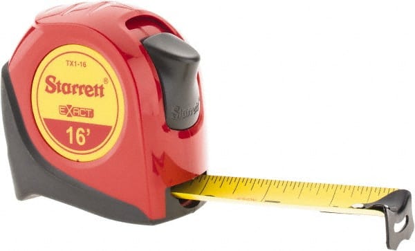 Starrett - 16' x 1" Yellow Blade Tape Measure - 1/16" Graduation, S1 Graduation Style, Red Case - Exact Tooling