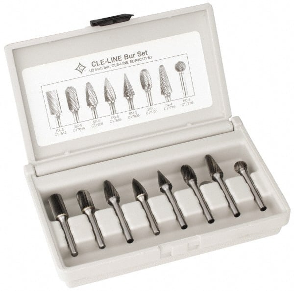 Cle-Line - 8 Piece, 1/4" Shank Burr Set - Solid Carbide, Multiple Head Shapes - Exact Tooling