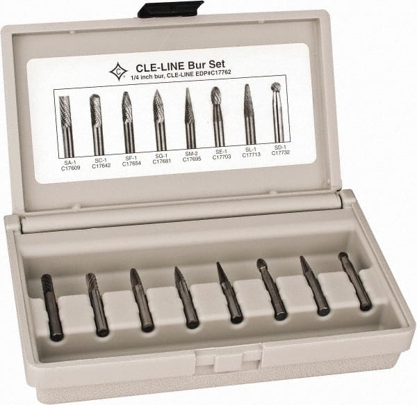 Cle-Line - 8 Piece, 1/4" Shank Burr Set - Solid Carbide, Multiple Head Shapes - Exact Tooling