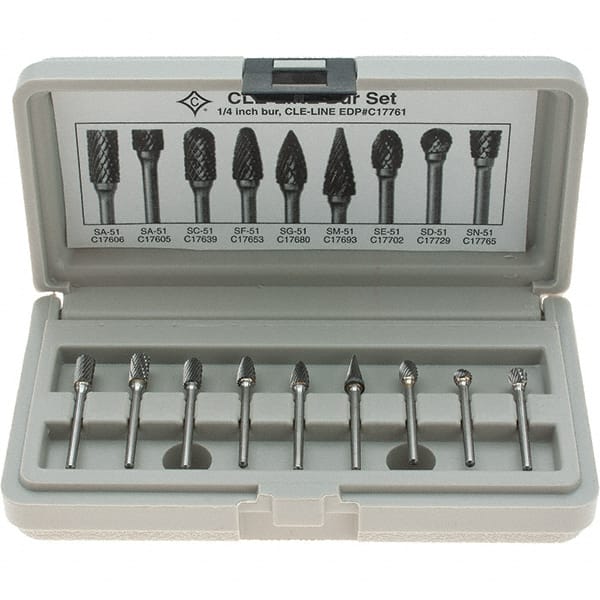 Cle-Line - 9 Piece, 1/8" Shank Burr Set - Solid Carbide, Multiple Head Shapes - Exact Tooling