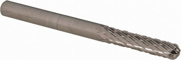 Cle-Line - 1/8" Cut Diam, 1/8" Shank Diam, Cylinder with Radius Head Double Cut Burr - Carbide, Radius End, 9/16" LOC, 1-1/2" OAL - Exact Tooling