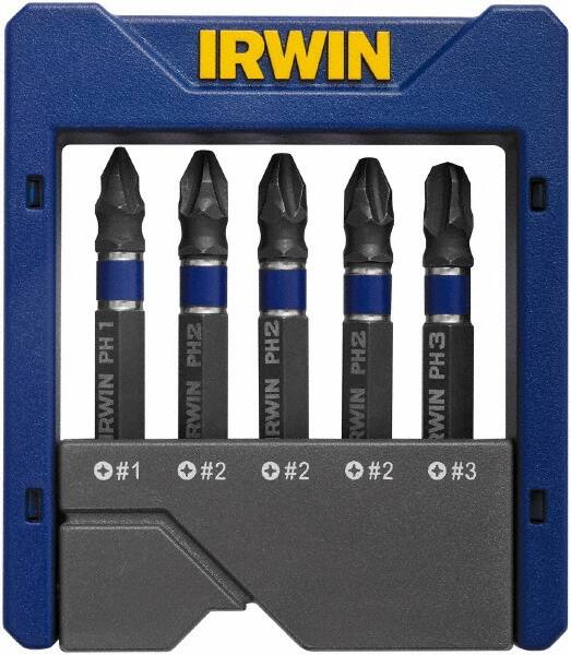 Irwin - 5 Piece, Phillips Handle, Power Bit Set - No. 1 to No. 3 Phillips - Exact Tooling