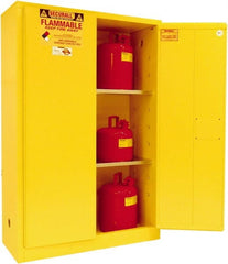 Securall Cabinets - 2 Door, 2 Shelf, Yellow Steel Standard Safety Cabinet for Flammable and Combustible Liquids - 65" High x 43" Wide x 18" Deep, Manual Closing Door, 3 Point Key Lock, 45 Gal Capacity - Exact Tooling