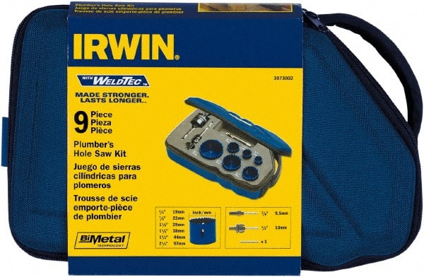 Irwin Blades - 9 Piece, 3/4" to 2-1/4" Saw Diam, Plumber's Hole Saw Kit - Bi-Metal, Toothed Edge, Pilot Drill Model No. 373000, Includes 6 Hole Saws - Exact Tooling