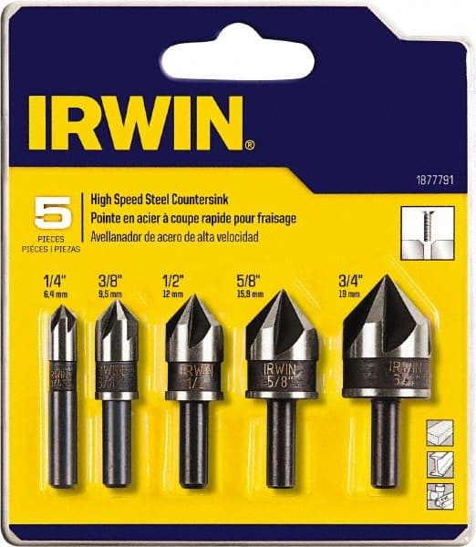 Irwin - 5 Piece, 1/4 to 3/4" Head Diam, 82° Included Angle, Single End Countersink Set - Exact Tooling