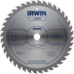 Irwin Blades - 7-1/4" Diam, 5/8" Arbor Hole Diam, 40 Tooth Wet & Dry Cut Saw Blade - Carbide-Tipped, Smooth Action, Diamond Arbor - Exact Tooling