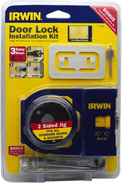 Irwin Blades - 7 Piece, 2-3/8" to 2-3/4" Saw Diam, Door-Lock Installation Hole Saw Kit - Carbon Steel, Includes 2 Hole Saws - Exact Tooling