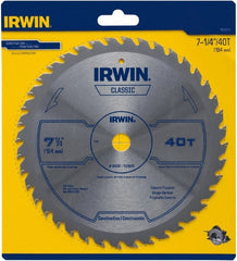 Irwin Blades - 7-1/4" Diam, 5/8" Arbor Hole Diam, 40 Tooth Wet & Dry Cut Saw Blade - Carbide-Tipped, Smooth Action, Diamond Arbor - Exact Tooling
