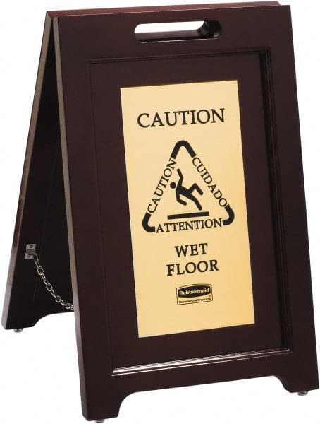 Rubbermaid - Attention/, Caution/, Cuidado/, Wet Floor, 15-1/8" Wide x 22" High, Wood Floor Sign - English/French/Spanish, A-Frame, Black on Gold, For Accident Prevention - Exact Tooling