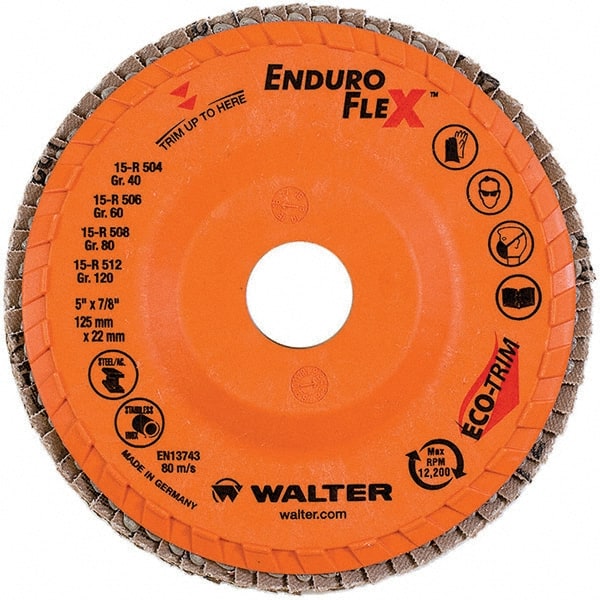 WALTER Surface Technologies - 40 Grit, 5" Disc Diam, 7/8" Center Hole, Type 28 Ceramic Flap Disc - 12,200 Max RPM, Plastic Backing, Arbor Attaching System, Coated - Exact Tooling