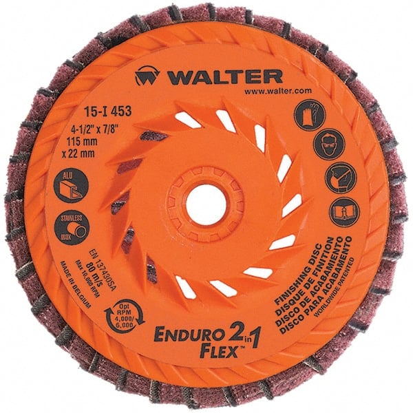 WALTER Surface Technologies - 4-1/2" Disc Diam, 5/8-11 Center Hole, Type 28 Ceramic Flap Disc - 13,300 Max RPM, Plastic Backing, Arbor Attaching System, Coated & Non-Woven Combo - Exact Tooling