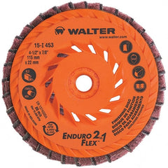 WALTER Surface Technologies - 4-1/2" Disc Diam, 5/8-11 Center Hole, Type 28 Ceramic Flap Disc - 13,300 Max RPM, Plastic Backing, Arbor Attaching System, Coated & Non-Woven Combo - Exact Tooling