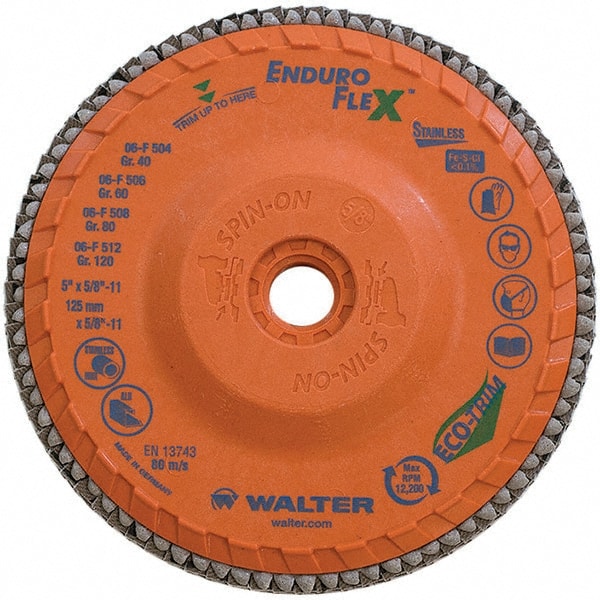 WALTER Surface Technologies - 80 Grit, 6" Disc Diam, 5/8-11 Center Hole, Type 28 Ceramic Flap Disc - 10,200 Max RPM, Plastic Backing, Arbor Attaching System, Coated - Exact Tooling