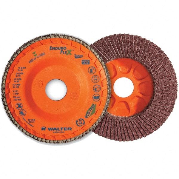 WALTER Surface Technologies - 60 Grit, 6" Disc Diam, 5/8-11 Center Hole, Type 28 Ceramic Flap Disc - 10,200 Max RPM, Plastic Backing, Arbor Attaching System, Coated - Exact Tooling