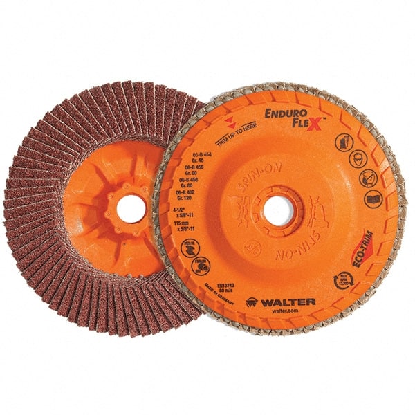 WALTER Surface Technologies - 120 Grit, 6" Disc Diam, 5/8-11 Center Hole, Type 28 Ceramic Flap Disc - 10,200 Max RPM, Plastic Backing, Arbor Attaching System, Coated - Exact Tooling