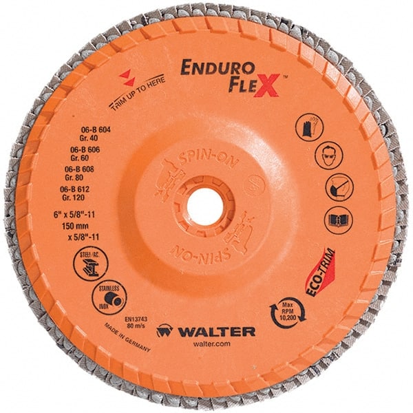 WALTER Surface Technologies - 40 Grit, 6" Disc Diam, 5/8-11 Center Hole, Type 28 Ceramic Flap Disc - 10,200 Max RPM, Plastic Backing, Arbor Attaching System, Coated - Exact Tooling
