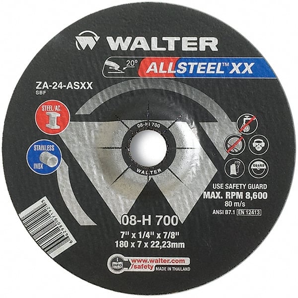 WALTER Surface Technologies - 24 Grit, 7" Wheel Diam, 1/4" Wheel Thickness, 7/8" Arbor Hole, Type 27 Depressed Center Wheel - Aluminum Oxide, Resinoid Bond, 8,600 Max RPM - Exact Tooling