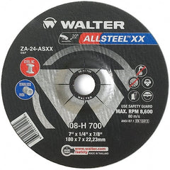 WALTER Surface Technologies - 24 Grit, 7" Wheel Diam, 1/4" Wheel Thickness, 7/8" Arbor Hole, Type 27 Depressed Center Wheel - Aluminum Oxide, Resinoid Bond, 8,600 Max RPM - Exact Tooling
