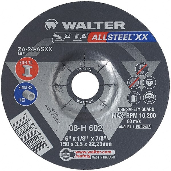 WALTER Surface Technologies - 24 Grit, 6" Wheel Diam, 1/8" Wheel Thickness, 7/8" Arbor Hole, Type 27 Depressed Center Wheel - Aluminum Oxide, Resinoid Bond, 10,200 Max RPM - Exact Tooling