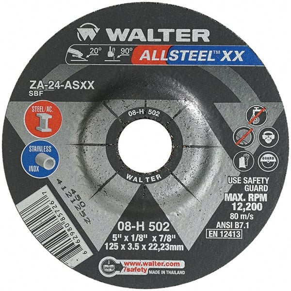 WALTER Surface Technologies - 24 Grit, 5" Wheel Diam, 1/8" Wheel Thickness, 7/8" Arbor Hole, Type 27 Depressed Center Wheel - Aluminum Oxide, Resinoid Bond, 12,200 Max RPM - Exact Tooling