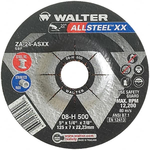 WALTER Surface Technologies - 24 Grit, 5" Wheel Diam, 1/4" Wheel Thickness, 7/8" Arbor Hole, Type 27 Depressed Center Wheel - Aluminum Oxide, Resinoid Bond, 12,200 Max RPM - Exact Tooling