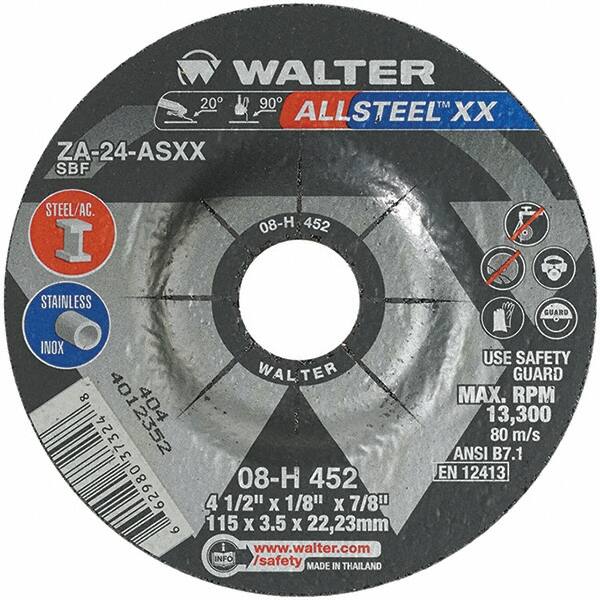 WALTER Surface Technologies - 24 Grit, 4-1/2" Wheel Diam, 1/8" Wheel Thickness, 7/8" Arbor Hole, Type 27 Depressed Center Wheel - Aluminum Oxide, Resinoid Bond, 13,300 Max RPM - Exact Tooling