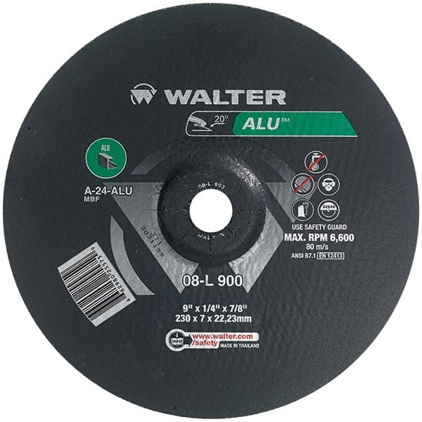 WALTER Surface Technologies - 24 Grit, 9" Wheel Diam, 1/4" Wheel Thickness, 7/8" Arbor Hole, Type 27 Depressed Center Wheel - Aluminum Oxide, Resinoid Bond, 6,600 Max RPM - Exact Tooling