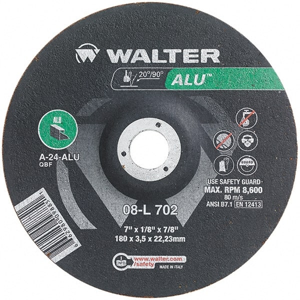 WALTER Surface Technologies - 24 Grit, 7" Wheel Diam, 1/8" Wheel Thickness, 7/8" Arbor Hole, Type 27 Depressed Center Wheel - Aluminum Oxide, Resinoid Bond, 8,600 Max RPM - Exact Tooling