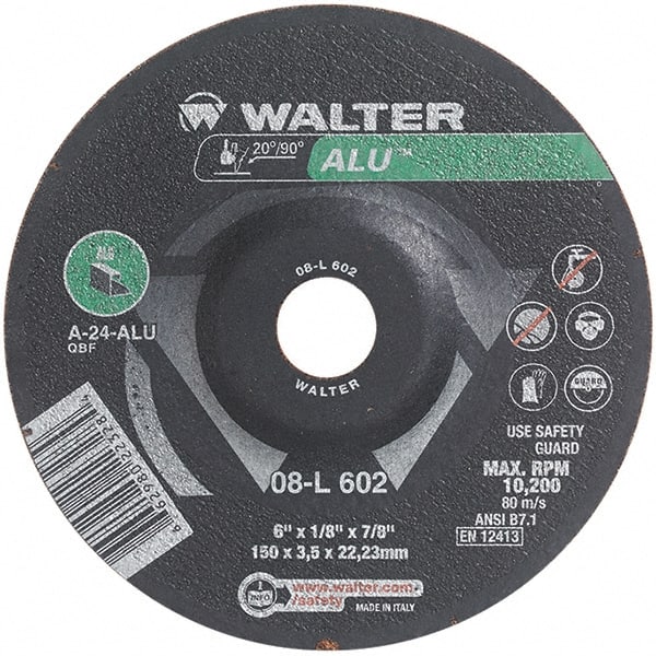 WALTER Surface Technologies - 24 Grit, 6" Wheel Diam, 1/8" Wheel Thickness, 7/8" Arbor Hole, Type 27 Depressed Center Wheel - Aluminum Oxide, Resinoid Bond, 10,200 Max RPM - Exact Tooling