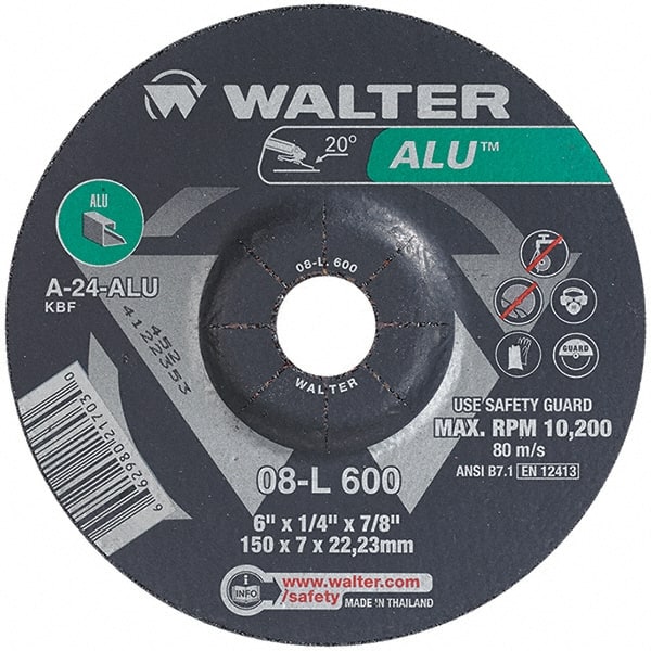 WALTER Surface Technologies - 24 Grit, 6" Wheel Diam, 1/4" Wheel Thickness, 7/8" Arbor Hole, Type 27 Depressed Center Wheel - Aluminum Oxide, Resinoid Bond, 10,200 Max RPM - Exact Tooling
