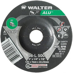 WALTER Surface Technologies - 24 Grit, 5" Wheel Diam, 1/4" Wheel Thickness, 7/8" Arbor Hole, Type 27 Depressed Center Wheel - Aluminum Oxide, Resinoid Bond, 12,200 Max RPM - Exact Tooling