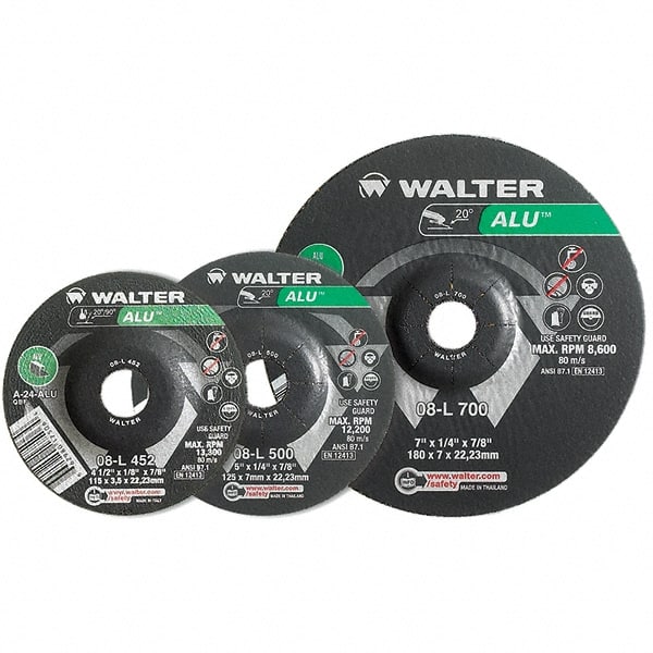WALTER Surface Technologies - 24 Grit, 4-1/2" Wheel Diam, 1/4" Wheel Thickness, Type 27 Depressed Center Wheel - Aluminum Oxide, Resinoid Bond, 13,300 Max RPM - Exact Tooling