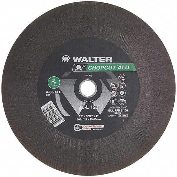 WALTER Surface Technologies - 12" 30 Grit Aluminum Oxide Cutoff Wheel - 3/32" Thick, 1" Arbor, 5,100 Max RPM, Use with Chop Saws - Exact Tooling
