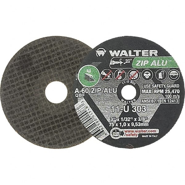 WALTER Surface Technologies - 3" 60 Grit Aluminum Oxide Cutoff Wheel - 1/32" Thick, 3/8" Arbor, 25,470 Max RPM, Use with Die Grinders - Exact Tooling
