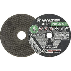 WALTER Surface Technologies - 3" 60 Grit Aluminum Oxide Cutoff Wheel - 1/32" Thick, 3/8" Arbor, 25,470 Max RPM, Use with Die Grinders - Exact Tooling