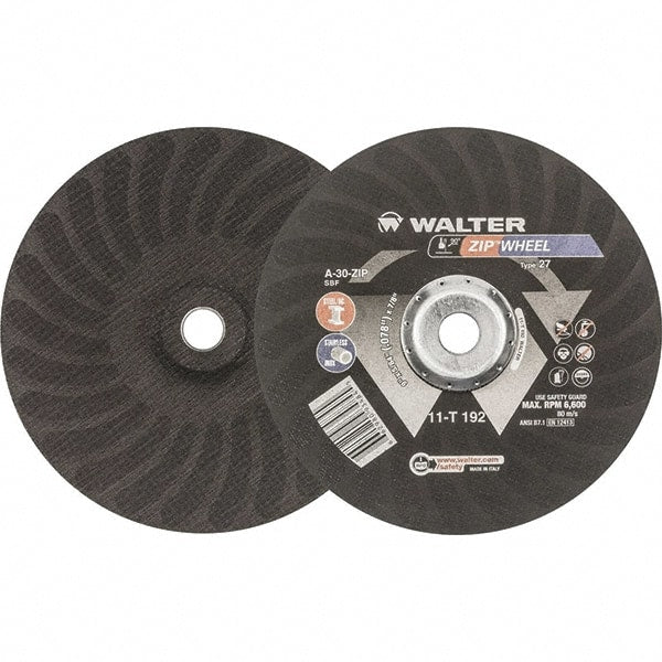 WALTER Surface Technologies - 30 Grit, 9" Wheel Diam, 5/64" Wheel Thickness, 7/8" Arbor Hole, Type 27 Depressed Center Wheel - Aluminum Oxide, Resinoid Bond, 6,600 Max RPM - Exact Tooling