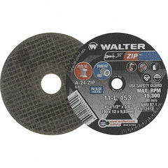 WALTER Surface Technologies - 4" 24 Grit Aluminum Oxide Cutoff Wheel - 1/2" Thick, 3/8" Arbor, 19,100 Max RPM, Use with Die Grinders - Exact Tooling