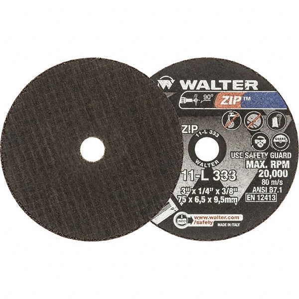 WALTER Surface Technologies - 3" 24 Grit Aluminum Oxide Cutoff Wheel - 1/4" Thick, 3/8" Arbor, 25,470 Max RPM, Use with Die Grinders - Exact Tooling
